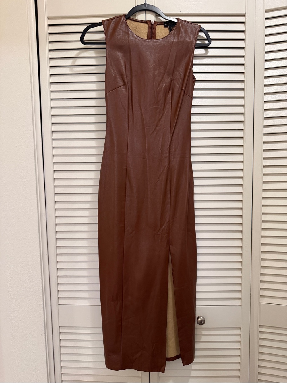 House of Harlow 1960 Brown Faux-Leather Sleeveless Midi Dress with Front Slit